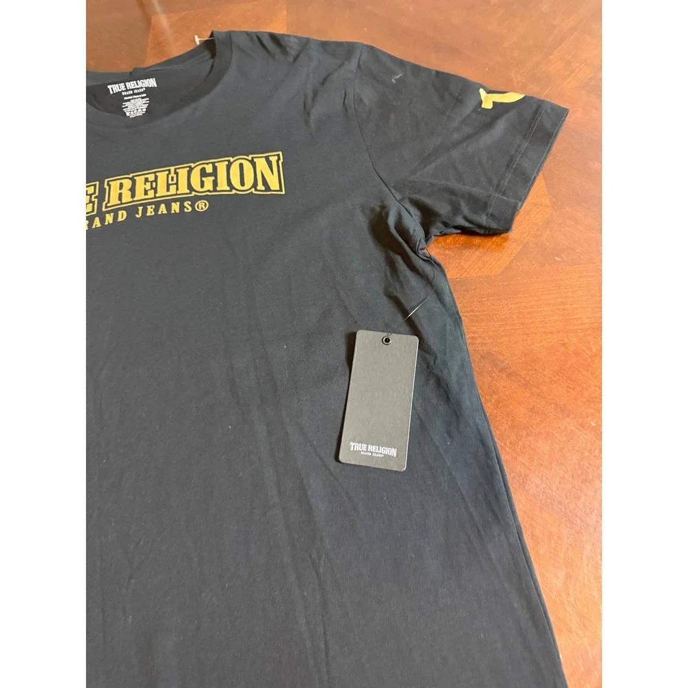 True Religion Mens Graphic T-Shirt Black Gold Logo Short Sleeve 2XL